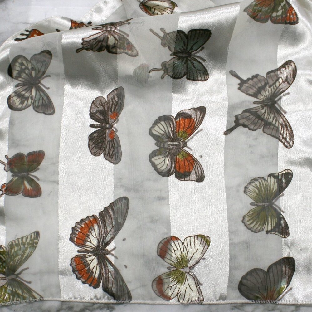 Butterfly Printed Scarf Rectangle Ribbon Sheer White Fall Colors Wrap 12 x 58 - Picture 3 of 11